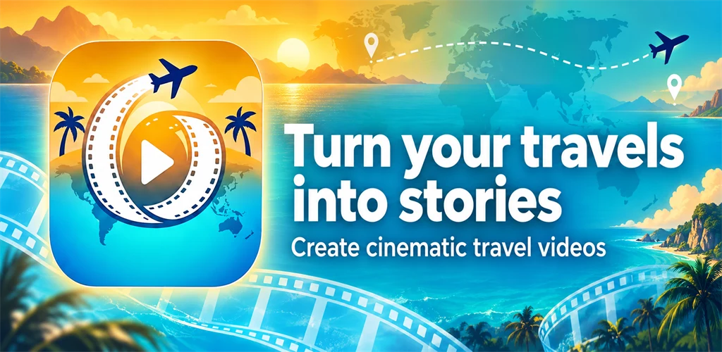 Icono de la app FlyVibe con el texto: Convierte tus viajes en historias. Crea vídeos de viaje de cine.