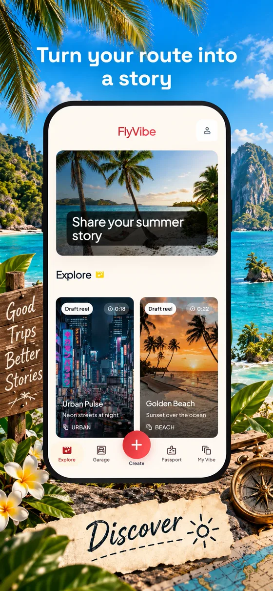 Pestaña Explorar de FlyVibe con borradores de reels y el titular: Convierte tu ruta en una historia