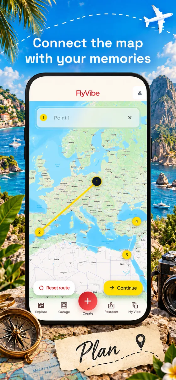 Una ruta por Europa y el norte de África con cuatro puntos numerados en el mapa