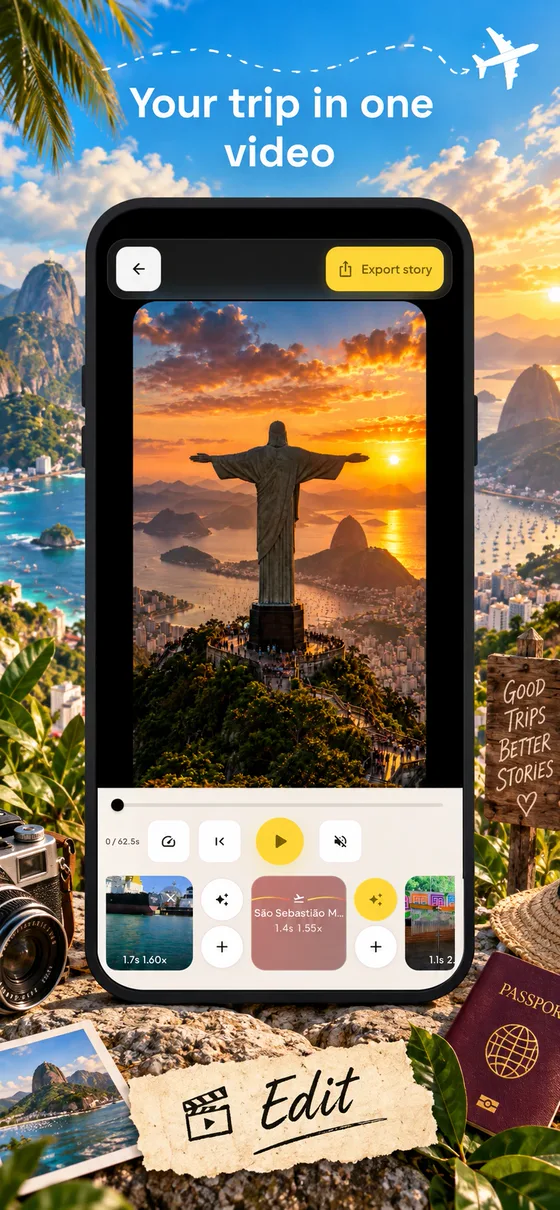 El editor reproduciendo un clip de Río de Janeiro con una línea de tiempo de clips y transiciones