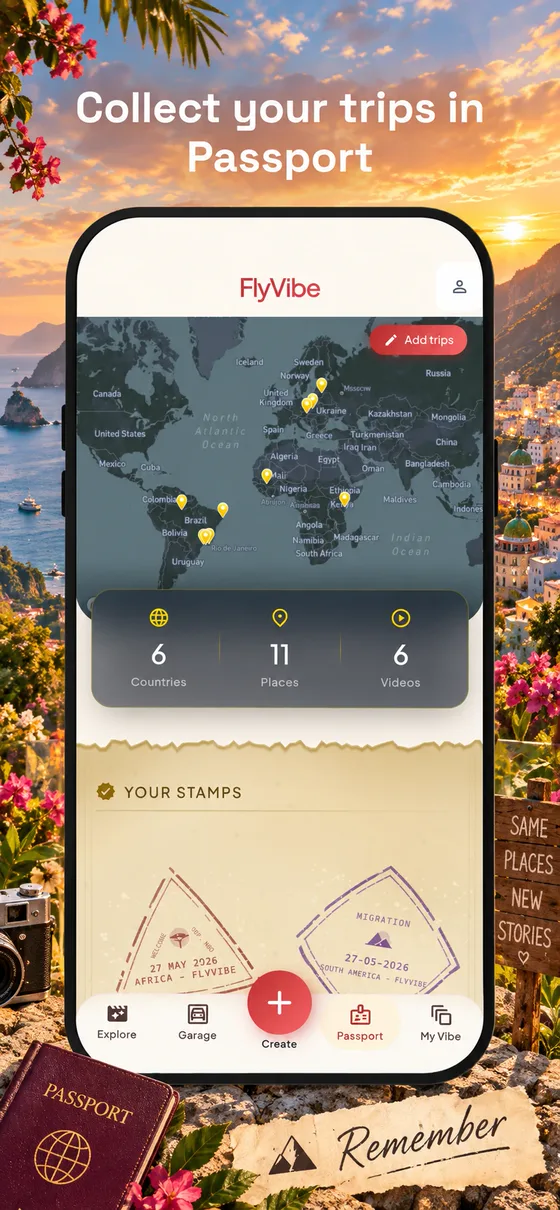 Pantalla del Pasaporte con 6 países, 11 lugares, 6 vídeos y sellos de viaje